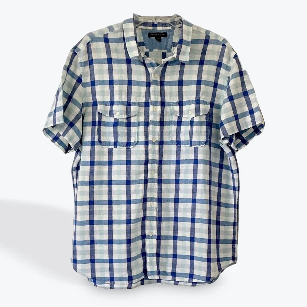 Banana Republic Linen Cotton‎ Plaid Shirt Mens XL Blue Short Sleeve Button Front
